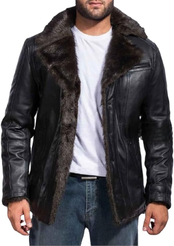 Men's Black Genuine Real Sheepskin Leather Jacket with Faux Fur Lining, Collar (US, Alpha, X-Small, Regular, Regular, Black)