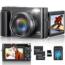 كاميرا رقمية 4K للتصوير الفوتوغرافي، كاميرا تدوين فيديو بدقة 48 ميجابكسل مع التركيز التلقائي، فلاش، شاشة قابلة للطي 180، تكبير 16X، بطاقة 32 جيجابايت، بطاريتين وشاحن، كاميرا سفر مدمجة للمراهقين والمبتدئين ويوتيوب