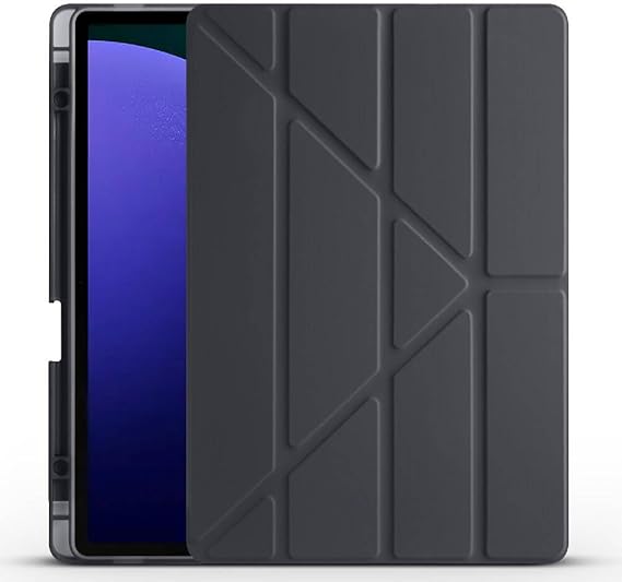حافظة Kilifplus متوافقة مع Samsung Galaxy Tab S10 Plus حامل سيليكون ثلاثي قابل للطي مزود بغطاء ناعم من جلد البولي يوريثان مع حافظة، حافظة للكمبيوتر اللوحي [منطقة القلم، غطاء ذكي، وضع السكون] - أسود