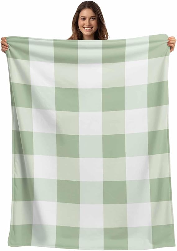 Sage Green Plaid Throw Blanket for Couch Chair Sofa Bed Office, Flannel Fleece Soft Buffalo Checkered Blanket for Women Men, Warm Cozy Modern White Lattice Throw Blankets for All Season 30" x 40"