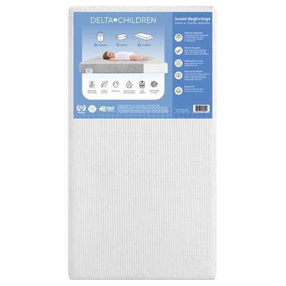 مرتبة سرير أطفال مزدوجة الجوانب من Delta Children Sweet Beginnings ومرتبة للأطفال الصغار، معتمدة من GREENGUARD Gold وCertiPUR-US، رغوة نباتية صلبة، مقاومة للماء، مصنوعة في الولايات المتحدة الأمريكية، بيضاء