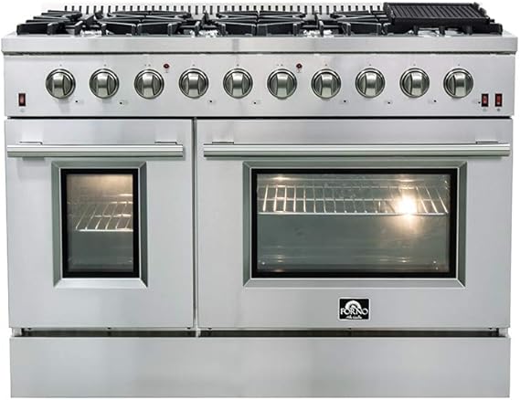FORNO Galiano 48 "في جميع الغاز فرن مزدوج فرن حر مع 8 شعلات مختومة Cooktop 107000 وحدة حرارية بريطانية و 6.58 درجة مئوية. قدم. فرن مزدوج الحمل - شبكات حديد الزهر من الفولاذ المقاوم للصدأ.