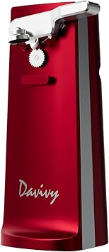Davivy Electric Can Opener - One-Touch Hands-Free Operation, Removable Stainless Steel Cutter, 3-in-1 Design with Knife Sharpener & Bottle Opener (Red)