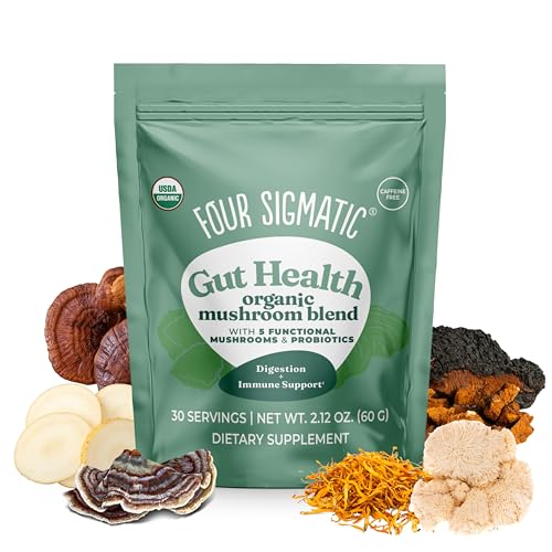 Four Sigmatic Gut Health Mushroom Blend | Organic Mushroom Powder Complex with Turkey Tail, Lions Mane, Cordyceps, Chaga, Probiotics and More | Natural Immune Support Supplement | 30 Servings