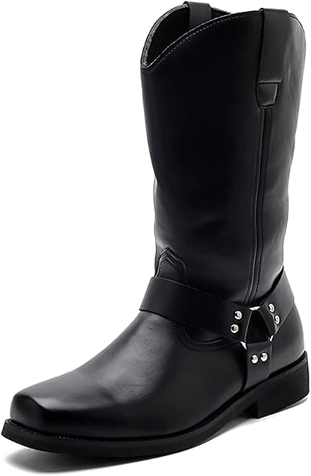 Mens Western Riding Boots,Harness Strap Design, Square Toe, Available in Black and Brown for Men