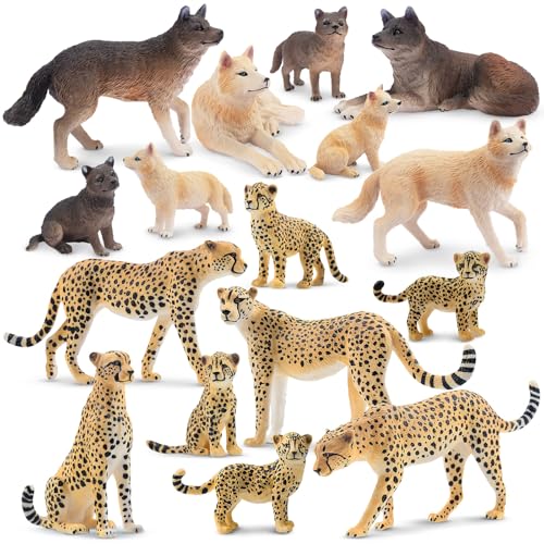 Toymany 16PCS Realistic Safari Animals Figurines Playset Includes Baby Animals, Plastic Wolfs and Cheetah Figures with Cubs, Cake Toppers Christmas Birthday Toy Gift for Kids