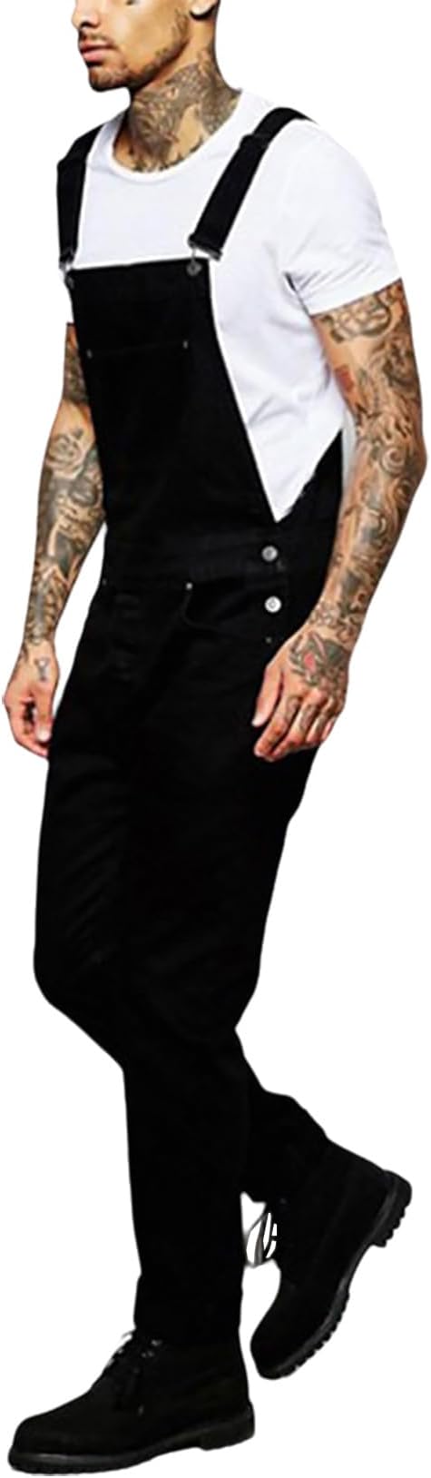 Denim Overalls for Men Distressed Straight Leg Jean Bib Overall Cozy Rugged Loose Adjustable Black Jean Jumpsuits