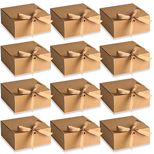 AIEX 12 Pcs Gift Boxes with Lids, 4.5 x4.5x2 Present Boxes Square Gift Box with Champagne Wrap Ribbons, Gift Wrap Boxes for Birthday Wedding Party Christmas Chocolate Candy Brown