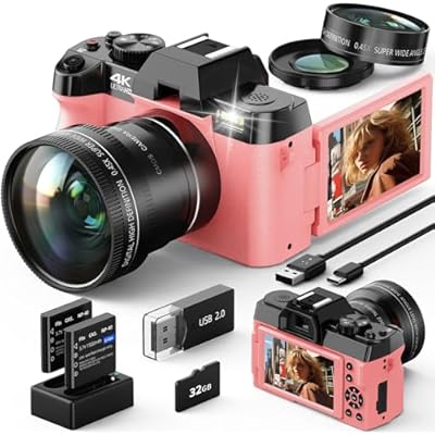 كاميرا رقمية، كاميرات 4K بدقة 48 ميجابكسل للتصوير الفوتوغرافي، كاميرا ذات شاشة قابلة للطي 180 مع تكبير رقمي 16X وكاميرا تدوين فيديو WiFi ذات تركيز تلقائي لموقع YouTube مع بطاقة TF بسعة 32 جيجابايت. عدسة واسعة الزاوية وماكرو S100-ZXWM