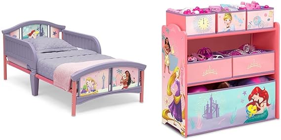 Delta Children Disney Princess Plastic Toddler Bed and 6 Bin Toy Storage Organizer