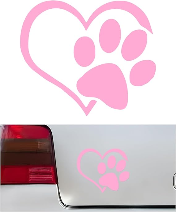 Pet Dog Paw Print Car Decal, 4.6"3.7" Love Heart Dog Paw Car Sticker, Waterproof Cute Pet Puppy Paw Print Decal for Auto Window Bumper Laptops, Car Decorative Sticker Accessories (Pink)