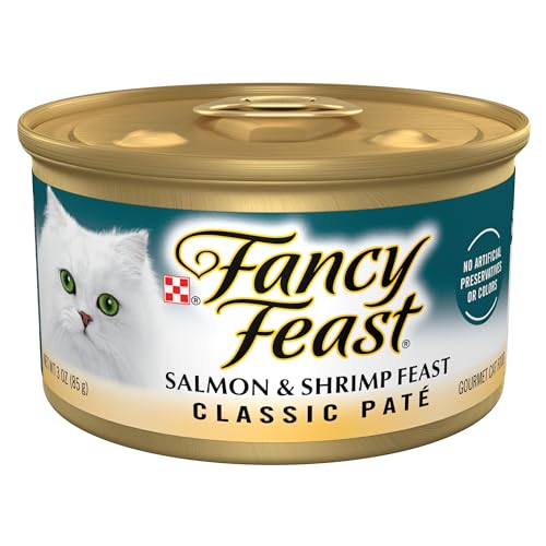 Purina Fancy Feast السلمون والروبيان Feast Classic Grain Free Wet Cat Food Pate - عبوة من 24 3 أونصة. علب
