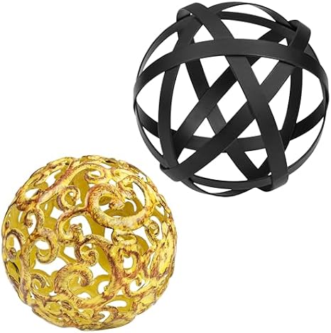 Everydecor Metal Decorative Sphere for Home Decor - Fancy Yellow, 4"x 4" and Distressed Black, 4.5"x 4.5", Bundle