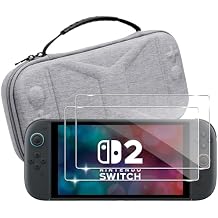 Storage Case for NS Switch 2 for (2025) case Cover,Grey Hard Shell Portable,Handbag with 2 Pack Tempered Films 2 in 1
