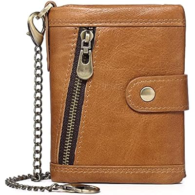 Leather Men Wallet with Anti-Theft Chain,Genuine Leather RFID Bifold Wallets Multifunctional Card Holder Minimalist Purse Zipper Coin Pocket with ID Window Brown