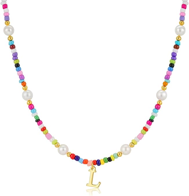 M MOOHAM Initial Necklaces for Women Girls - Colorful Beaded Initial Letter A-Z Necklaces for Women Girls Teens Kids Toddlers Jewelry, Beaded Pearl Choker Necklace Letter Necklace Birthday Gifts