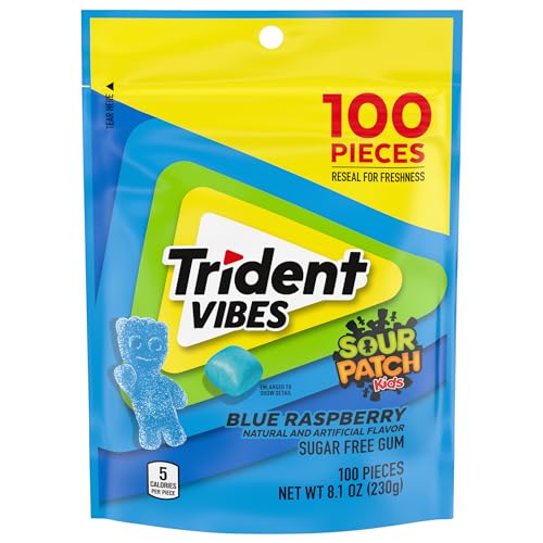 Trident Vibes SOUR PATCH KIDS Blue Raspberry Sugar Free Gum، Resealable Pouch، Pack of 1 100 Pieces