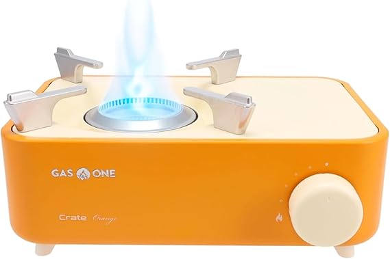 Gas One Butane Fuel Camp Stove Crate Series - Mini Stove for Camping, Hiking Portable Gas Stove with Spiral Flame Even Heat Distribution Modern and Easy to Use (Orange)