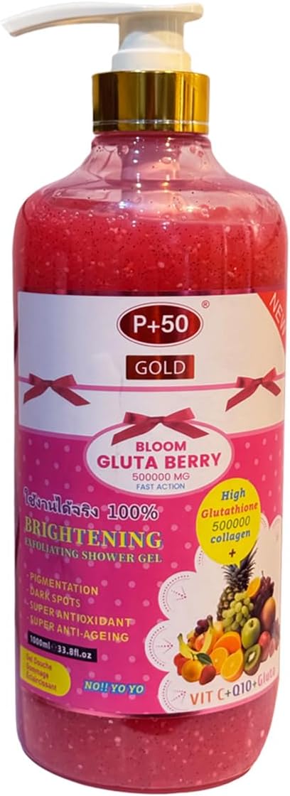 P50 Gold Gluta Berry Brightening &amp; Exfoliating Shower Gel 1000ml – With Glutathione, Vitamin C &amp; Q10 – Radiance Boosting Body Wash for Smoother, Even Looking Skin