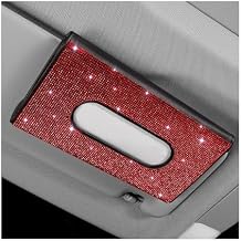 Bling Car Sun Visor Tissue Box Holder, Leather Sparkling Crystal Napkin Holder Auto Visor Paper Towel Cover, Rhinestone Backseat Mask Wipe Case Visor Hanging Tissue Organizer (Red)
