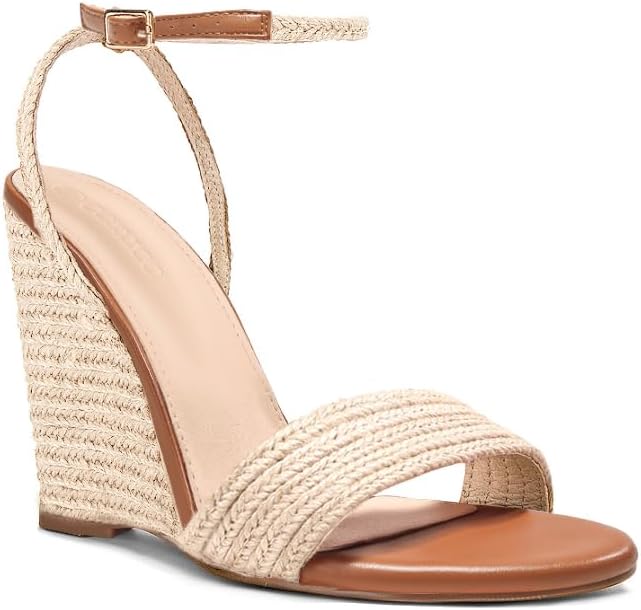 Coutgo Womens Wedges Heels Sandals Espadrilles Raffia Open Toe Ankle Strap Straw Summer Beach Shoes