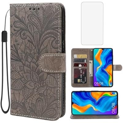 Case for Huawei P30 Lite CaseNova 4EHonor 20S MAR-LX1M Wallet Case with Tempered Glass Screen Protector, Lace Flower PU Leather Flip Credit Card Holder Phone Cover for Huawei P30 Lite Gray