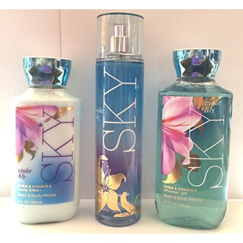 3 قطعة حمام & أمبير ؛ Body Works Sky Violet Lily Fragrance Gift Set- Fragrance Mist، Shea Enriched Shower Gel and Body Lotion Sky