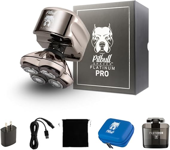 مجموعة ماكينة حلاقة الرأس والوجه Skull Shaver Pitbull Platinum PRO - ماكينة حلاقة كهربائية لاسلكية - إمكانيات الحلاقة الرطبة والجافة - مع حقيبة سفر وكابل شحن USB وحامل شطف