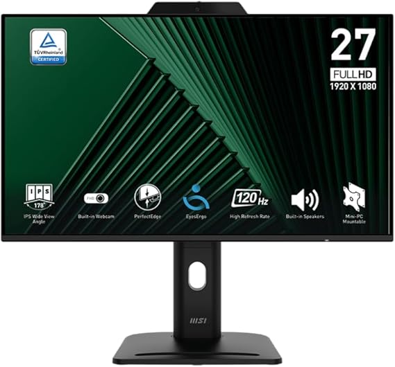MSI 27" PRO MP272PMG، شاشة Enterprise، FHD، 16:9، مسطحة، IPS، 120 هرتز، 1 مللي ثانية، مزامنة تكيفية، محورية