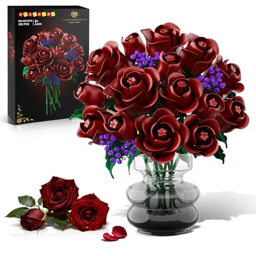 HOGOKIDS Flowers Bouquet Building Set - 15 Burgundy Roses Mothers Day Gfit for Mom, 330PCS Deep Red Rose Botanical Collection Building Blocks Artificial Flower Gothic Home Decor for Wife Adults Girls