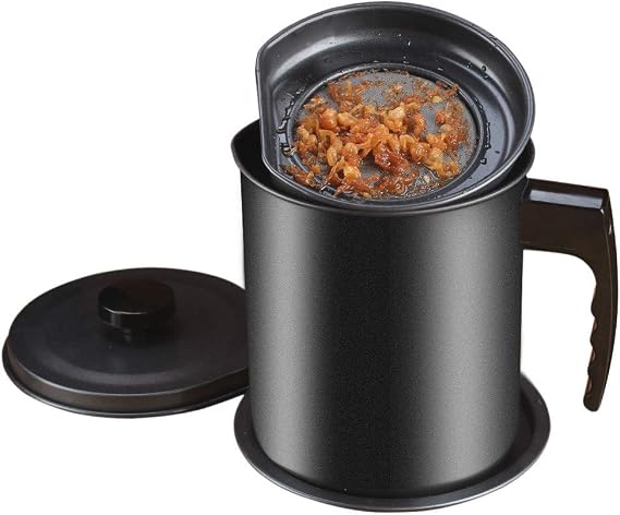 Ourokhome Bacon Grease Container with Strainer- 1.3 L or 5.2 Cup Iron Kitchen Oil Storage Can with Fine Mesh Strainer for Storing Hot Frying Oil, Fat (Black)
