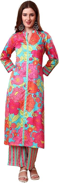 Tissu Women's Cotton Slub Floral Printed Kurta with Striped Trouser Pant