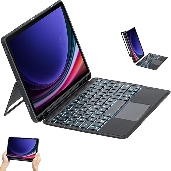 حافظة لوحة مفاتيح مع حامل إضاءة Mag Touchpad Blutooth متوافق مع Galaxy Tab S10+ Plus/S9+ Plus/S9 FE+ Plus 12.4