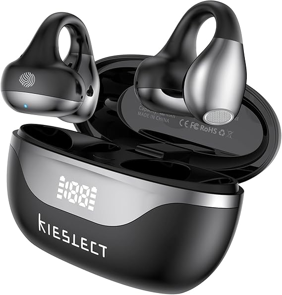 Kieslect Clip on Open Ear Wireless Bluetooth Headphones with AI 165 Language Translator, Real Time Translation Earbuds with Wireless Charging Case, Black, Active Noise Cancelling