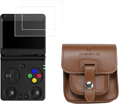 Protective Suit for Anbernic RG34XXSP Carrying Case & 2 Pcs Tempered Glass Screen Protectors Set Premium PU Leather Retro Case & 9H HD Protective Film, Portable Bundle