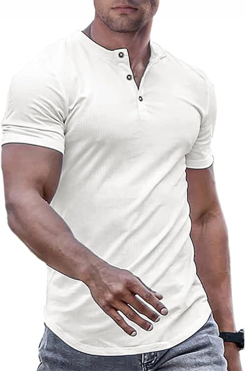 JMIERR Mens Muscle Slim Henley Shirts Crewneck Longline T-Shirt Gym Workout Athletic Shirt Tees with Button