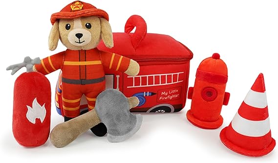Stuffed Plush Firefighter Kit for Baby Toddler, 6-Pcs My Little Playset, Sensory Pretend Play Toy with Fire Truck/Dog Firefighter/Extinguisher, Boy Girl Infant Gifts