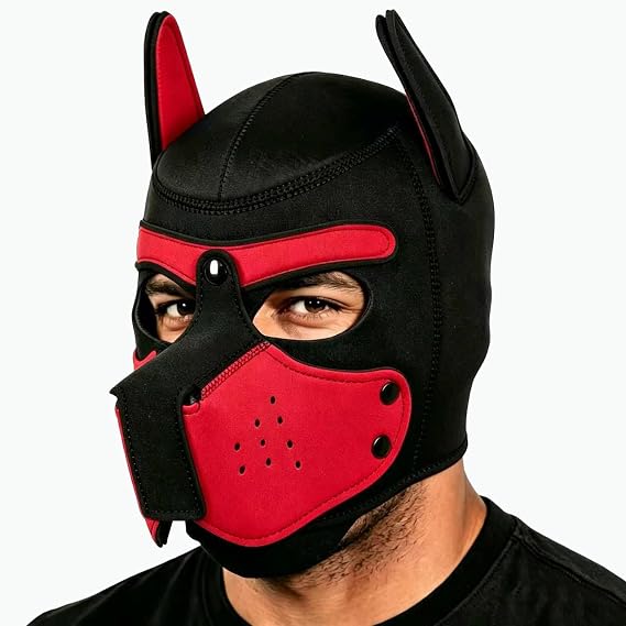 Pup Hood, Puppy Play Hood, Removable Dog Full Face Pup Mask (Red)