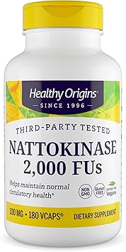 Healthy Origins Nattokinase 2,000 FU's (100 mg, Non-GMO, Gluten Free, Circulatory Support), 180 Veggie Caps