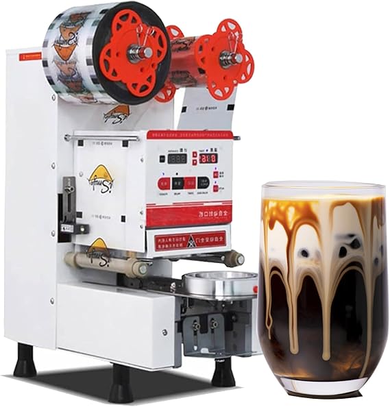 Commercial Fully Automatic Bubble Tea Cup Sealing Machine,600-800 Cups/H Digital Control LCD Panel Cup Sealer,for Milk Tea Coffee, Manual Automatic Dual Mode,White