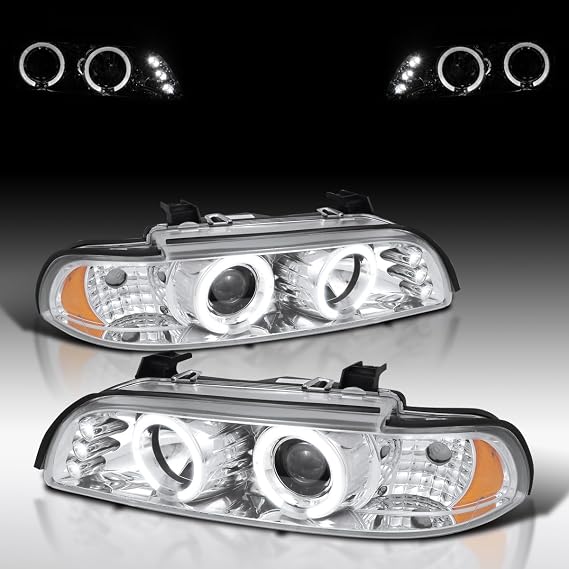 Autozensation Compatible with 1996-2003 BMW E39 5-Series All Without OE Xenon Headlights, Left + Right Pair Headlamps Assembly, Halo LED Chrome Housing Clear Lens Projector Headlights