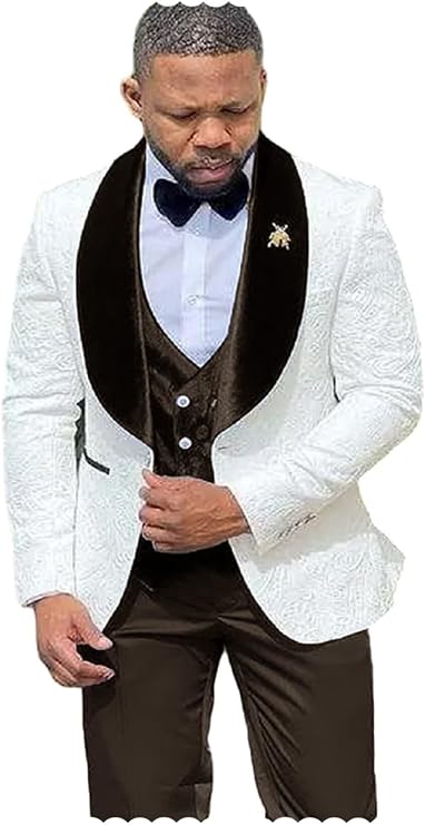 Men Formal Wedding Suit 3 Piece Paisley Jacquard Shawl Collar Jacket Vest Pant Tux Set