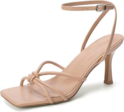 Goderci Kitten Strappy Heels for Women Square Open Toe Knotted Heels Ankle Strap Mid Heeled Sandals with Buckle