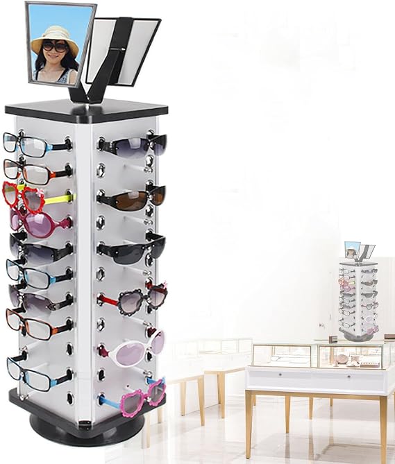 Rotating Sunglasses Eyewear Holder with Mirror 44 Frames 360 Rotating Counter Top Sunglasses Eyeglasses Glasses Organizer Stand Display Rack (Square Sunglasses Rack)