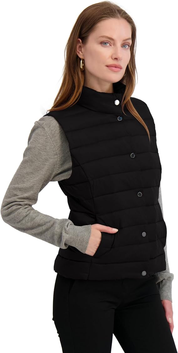 TAHARI Women's Quilted Lightweight Vest With Snap Closure, Water-resistant Nylon & Stretch Lining