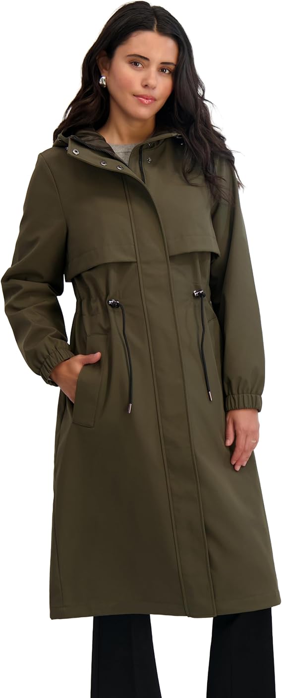 TAHARI Women's Softshell Trench Coat Lightweight Rain Jacket With Detachable Hood, Windproof, Water-resistant