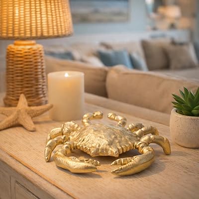 Sagebrook Home Coastal Crab Figurine - Decorative Gold Aluminum Metal Sculpture - Nautical Accent for Home, Office, Bedroom, Living Room - Coastal Themed Decor - 7 Metallic Gold