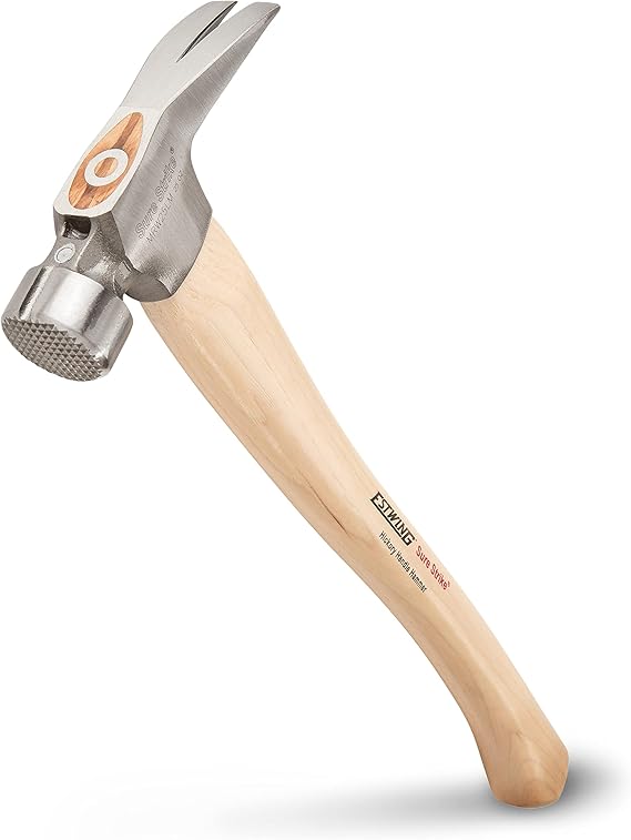 Estwing Sure Strike MRW25LM California Framing Hammer, 25-Ounce, Straight Nail-Puller, Knurled Hammer Face, Hickory Wood Handle