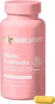 HAIRtamin MOM نباتي ما قبل الولادة وما بعد الولادة مكمل متعدد الفيتامينات وحمل فيتامين الشعر ، Postpartum ، الرضاعة الطبيعية بروبيوتيك فيتامينات الشعر ليوم واحد مع البيوتين والزنك والحديد 30 التهم