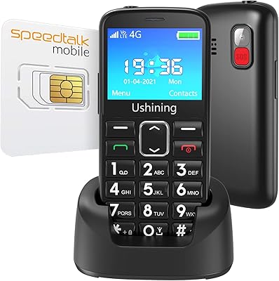 هاتف محمول USHINING 4G لكبار السن مفتوح ببطاقة SIM للتحدث السريع هاتف أساسي لكبار السن بشاشة كبيرة مقاس 2.4 بوصة ومستوى صوت مرتفع هاتف محمول مفتوح لكبار السن مع قاعدة شحن باللون الأسود